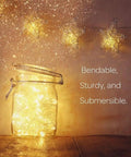 Battery Operated Fairy String Lights 10 Feet With 30 Warm White LEDs in a jar, star-shaped lights, text on bendable and submersible features.