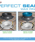 Diagram showing Perfect Seal Toilet Wax Ring with above and below floor installation, bolts visible.