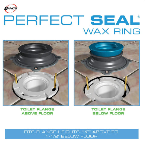 Diagram showing Perfect Seal Toilet Wax Ring with above and below floor installation, bolts visible.