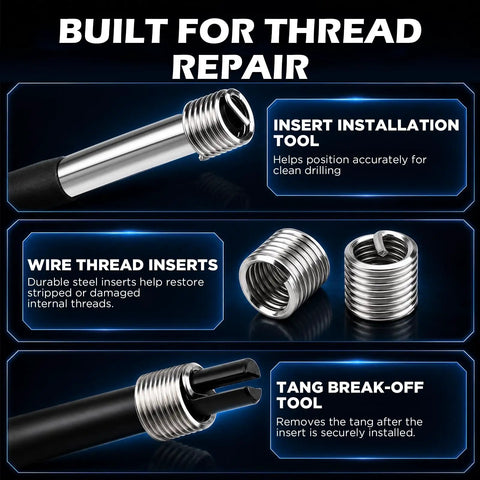 Complete SAE and Metric Thread Repair Kit with HSS drill bits, wire thread inserts, and installation tools.
