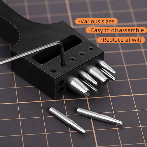 Close-up of Brogue Style Leather Hole Punches 5 Hole Puncher with various sizes, easy to disassemble for DIY leatherwork projects.