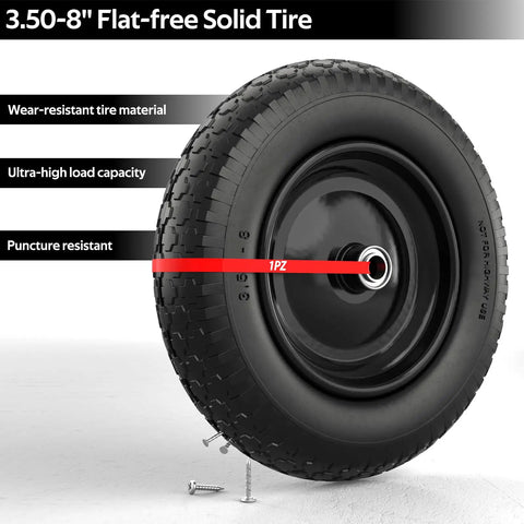 14.5 Inch Wheelbarrow Tire With 3.50-8 Flat Free Solid Wheel And Centered Hub in black with puncture-resistant design