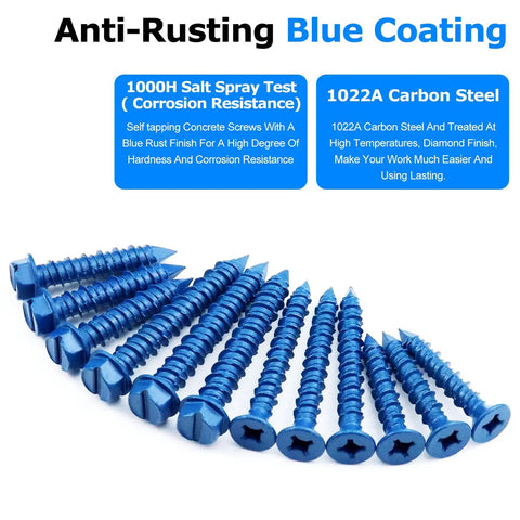 Concrete Screws Kit With Drill Bit And Driver Bit For DIY Projects, blue coated screws on white background, flat and hex heads