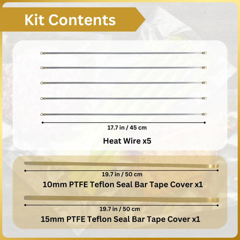 Must Have Pro Series Heating Element Wires Kit with PTFE Cloth Tapes displayed with sizes for vacuum sealers