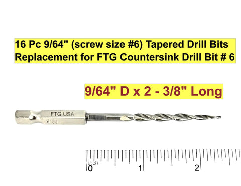 Workhorse Heavy Duty 16 Piece Parabolic Flute Drill Bit Set For Wood Number 6 Size Ninety Sixteenths Inch Tapered Countersink Hss M2 Grade Steel Kit showing a single 9/64 inch tapered drill bit.