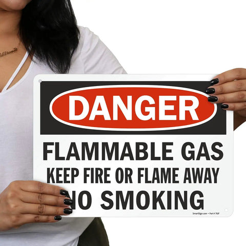 Rock Solid Heavy Duty Aluminum Danger Flammable Gas No Smoking Safety Sign 10 By 14 Inches held in hands, clear warning message.