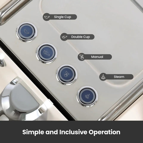 Control buttons on Pro Grade Semi Automatic Espresso Machine With Milk Frother And Steam Wand 15 Bar Pressure 57 Oz Removable Water Tank Dual Display Built For Cafe Quality Cappuccino And Latte At Home Ivory White G3006