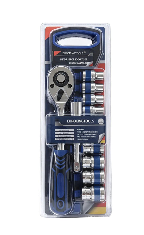 Beefy 12 Piece Socket Wrench Set With Half Inch Drive 10 To 24mm Metric Sockets 45 Tooth Ratchet 5 Inch Extension Bar