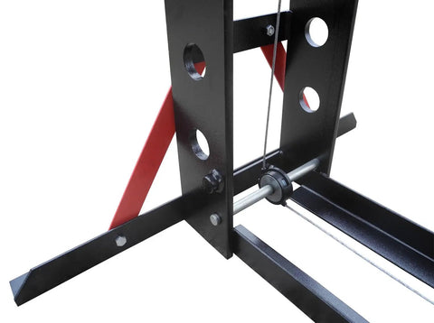Heavy Duty 100 Ton Electric Hydraulic Shop Press Featuring A Quick Slide Carriage Winch and Easy Height Adjustments close-up view of frame and winch.