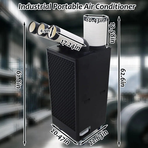 Badass 22500 Btu Heavy Duty Industrial Mobile Air Conditioner Portable Spot Cooler dimensions with vents and exhaust tube shown.