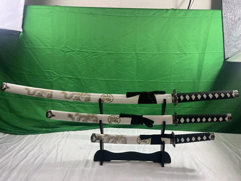Traditional Handmade Samurai 3 Piece Katana Wakizashi Tanto Sword Set With Display Stand Stainless Steel Blades Gold Dragon Scabbard