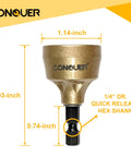 Conquer deburring external chamfer tool with gold-colored head and 1/4 in quick-release hex shank