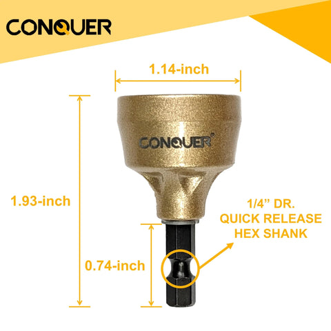Conquer deburring external chamfer tool with gold-colored head and 1/4 in quick-release hex shank