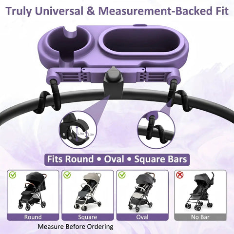 3 In 1 Modular Stroller Snack Tray With Universal Fit Dual Lock Attachment on stroller handle, fits round bars
