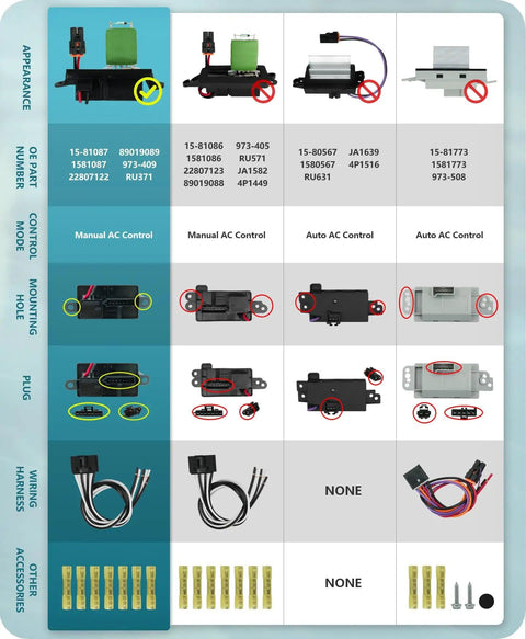 Chart of blower motor resistor options for various GM vehicles showing part numbers and control types.
