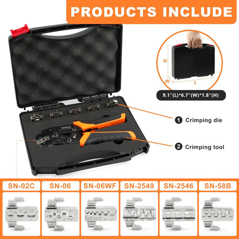Crimping Tool Set With 2210H Heat Shrink Crimping Tool And 7 Quick Exchange Jaws in black case with dimensions label.