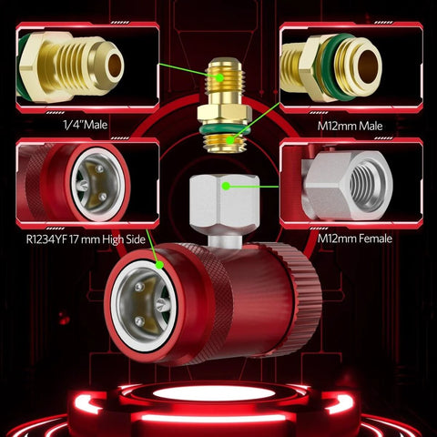R1234YF Quick Coupler Kit Set of 2, DIY Friendly Adjustable High And Low Side Adapters, compatible with 1/4 inch fittings