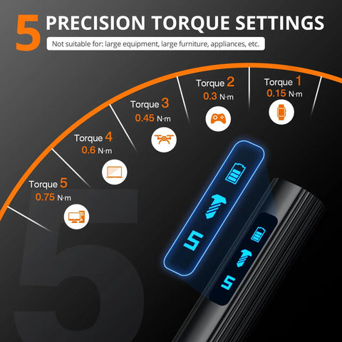 Display of 5 precision torque settings for Compact 155 In 1 Mini Electric Screwdriver Cordless Set with adjustable torque levels