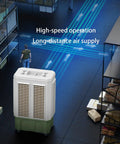 Portable Evaporative Cooler With Large Water Tank And Four Ice Packs, Windowless Air Conditioner For Garage Or Patio, Three Speed Personal Swamp Fan That Crushes Summer Heat And Leaves You No Sweat in a warehouse setting.