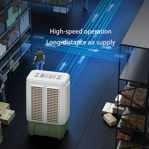 Portable Evaporative Cooler With Large Water Tank And Four Ice Packs, Windowless Air Conditioner For Garage Or Patio, Three Speed Personal Swamp Fan That Crushes Summer Heat And Leaves You No Sweat in a warehouse setting.