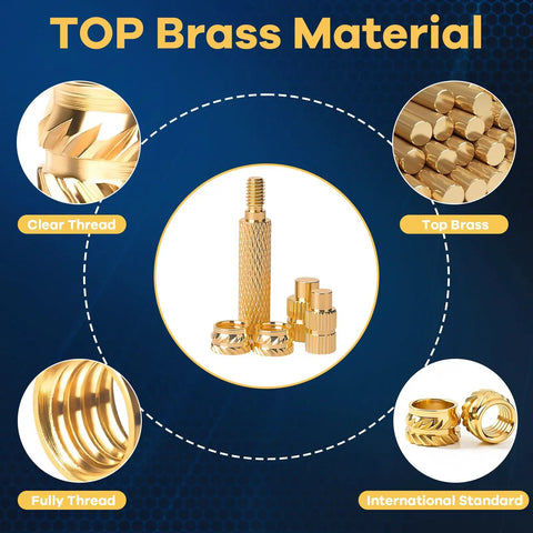206 Piece Heat Set Inserts Assortment Kit With Metric M2 To M6 Thermal Brass Screw Lock Inserts Including Soldering Tip Adapter Tool For Robotics Diy Repair And Electronics Solid Hardware Game Changer displaying top brass material inserts.
