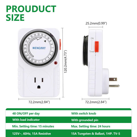 Straightforward Setup 24 Hour Mechanical Plug In Timer With Multiple On Off Cycles, 15 Amp, side view with dimensions.