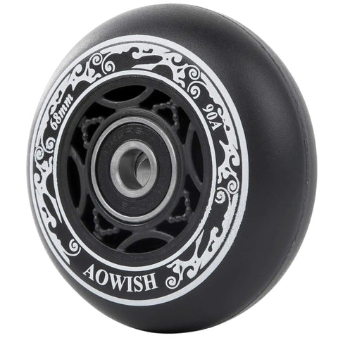 Close-up of 68Mm Inline Skate Wheels Set For Outdoor Asphalt, 90A Hardness With ABEC-9 Bearings And Floating Spacers, black color