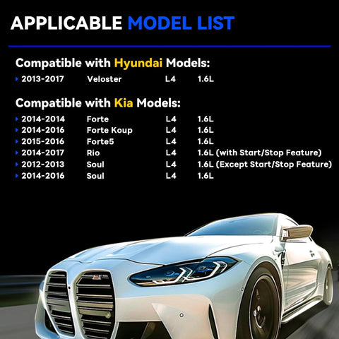 Sleek white car highlighting model list for 110 Amp Beefed Up Alternator Replacement For 2014 2017 Kia Soul L4 1.6L And 2013 2017 Hyundai Veloster With 110 Amp Output Fits Kia Forte Koup Forte5 Rio Models Includes Part Numbers 11609N 373002B760 2616559 373002B760RU compatibility.