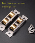 Heavy Duty Double Wheel Sliding Door Roller And Replacement Window Pulley Featuring Rock Solid Construction With Smooth As Butter Gliding Action For No Fuss Home Repairs And Sweet Glass Door Upgrades with brass wheels and screws.