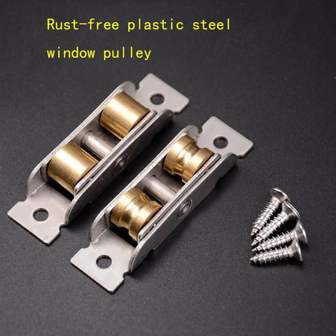 Heavy Duty Double Wheel Sliding Door Roller And Replacement Window Pulley Featuring Rock Solid Construction With Smooth As Butter Gliding Action For No Fuss Home Repairs And Sweet Glass Door Upgrades with brass wheels and screws.