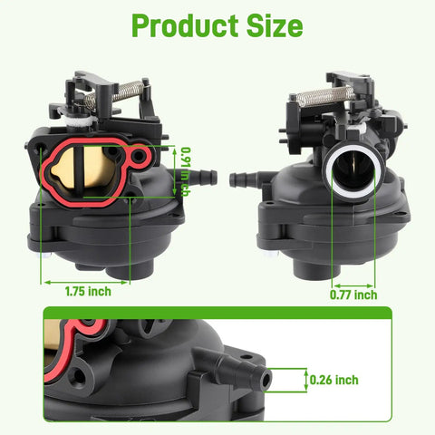 Product diagram showing Replacement Carburetor 799584 For 550EX 625EX 675EX 725Exi Engines With Air Filter Kit dimensions.