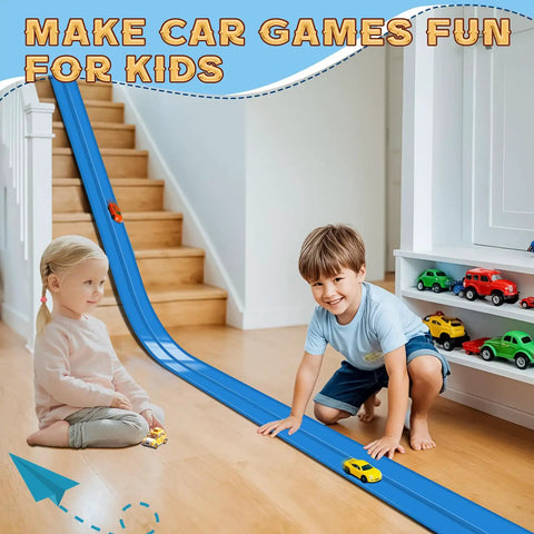 Children playing on Race Car Track Starter Set With Flexible 15 Foot Ramp, Portable Ramp Track System, indoors with toy cars
