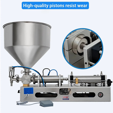 Heavy Duty Pneumatic Paste And Liquid Filling Machine Horizontal Bottle Filler showing stainless steel frame and high-quality pistons.