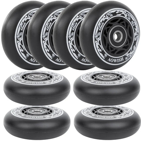 Set of 68mm inline skate wheels for outdoor asphalt, 90A hardness with ABEC-9 bearings and floating spacers, durable black color.