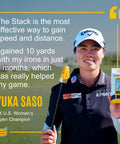 Yuka Saso holding Golf Swing Speed Trainer Weighted Practice Aid, smiling on golf course