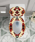 Elongated Resin Toilet Seat for Bathroom with tribal pattern design, measures 14.5" x 18.5", mounted on a toilet.