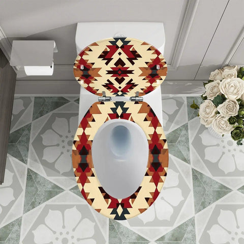 Elongated Resin Toilet Seat for Bathroom with tribal pattern design, measures 14.5" x 18.5", mounted on a toilet.
