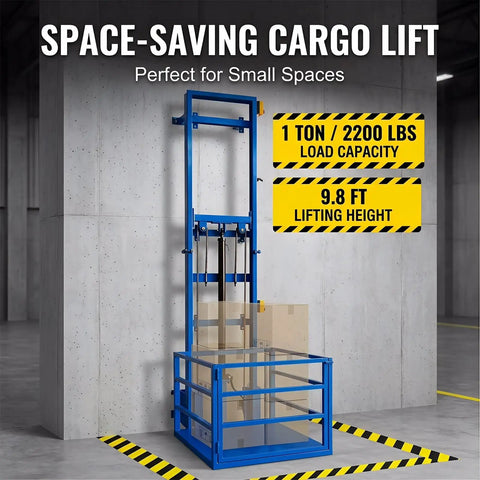 Total Beast Heavy Duty Electric Hydraulic Cargo Lift, Wall Mounted Rail Hoist Handles 2200 Lb Loads, Freight Elevator Platform with 9.8 ft height.