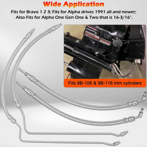 All In One Trim Tilt Hydraulic Ram Cylinder Hose Kit With Braided Stainless Steel Hoses for Alpha Drives 1991 And Newer And Bravo 1 2 3 16-3/16 Inch Fits 9B-106 And 9B-116 Trim Cylinders
