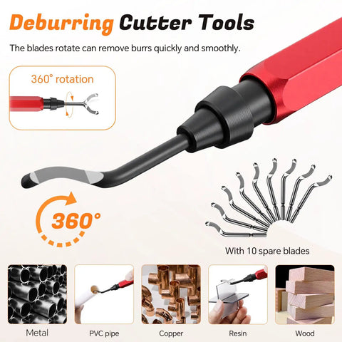 Deburring cutter tool with 360-degree rotation and 10 spare blades for Four Piece Plumbing Tools Kit With Pipe Depth Gauge And Copper Deburring Reamer With HSS Blades Push Fit Disconnect Clip Multi Purpose Tool Set For Copper PVC PEX CPVC Pipes Ideal For Home DIY And Pro Handyman Use.