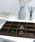 Vintage Rustic Wooden Jewelry Tray 12 Compartment Ring Earring Storage Holder With Solid Wood Build on desktop with accessories.