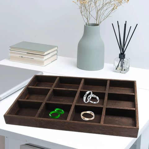 Vintage Rustic Wooden Jewelry Tray 12 Compartment Ring Earring Storage Holder With Solid Wood Build on desktop with accessories.