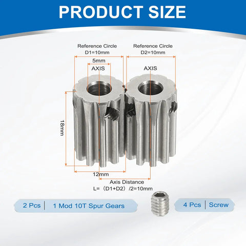 2 Pack 1 Mod 10T Pinion Gear 5mm Bore 304 Stainless Steel 20 Degree Pressure Angle, two gears with dimensions shown