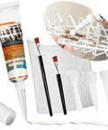 White Dishwasher Rack Repair Kit 1.7oz Coating With Rust Touch Up Paint, Food Safe Waterproof And High Low Temperature Resistant, Vinyl Rack Rust Fix For Dishwashers, Includes Brushes, Nozzles, Scraper And Sander shown with tools and coating on rack.