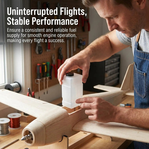 Man installing Clear 120CC RC Plane Fuel Tank Set With Metal Tubing And Engine Container in fixed-wing model aircraft