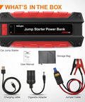 Hella Powerful 2000A Car Battery Jump Starter To Kickstart Your Ride Instantly No Sweat Dealing With Dead Batteries Fast On Gas Or Diesel Engines Under Eight Liters With Rock Solid Build Quality - contents laid out including charging cable, jumper cables, and manual.