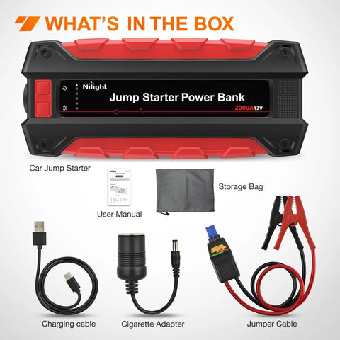 Hella Powerful 2000A Car Battery Jump Starter To Kickstart Your Ride Instantly No Sweat Dealing With Dead Batteries Fast On Gas Or Diesel Engines Under Eight Liters With Rock Solid Build Quality - contents laid out including charging cable, jumper cables, and manual.