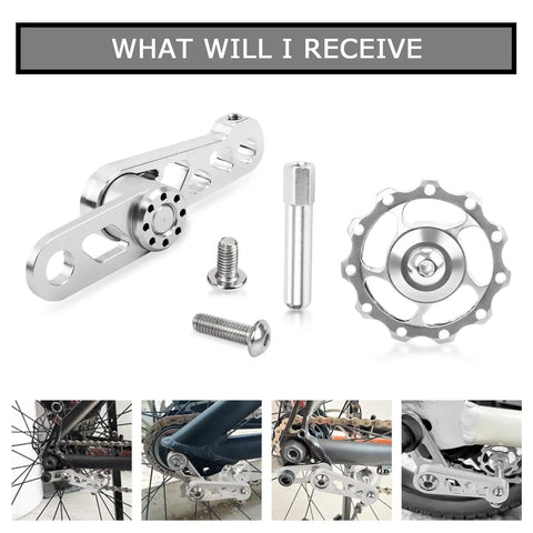 Silver Bike Chain Tensioner With Derailleur Hanger Chain Guide for Folding Bikes, Single Speed, aluminum alloy floating pulley set