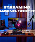 All In One Podcast And Streaming Studio For Creators With Built In Mixer And USB Audio Interface on desk with gaming setup