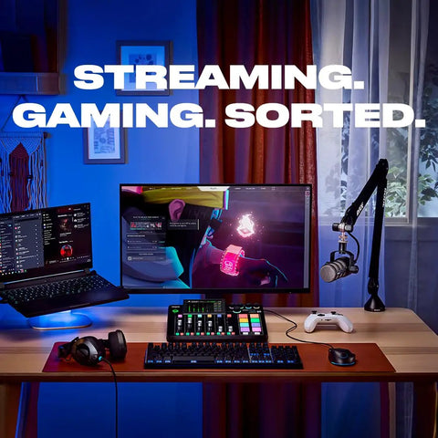 All In One Podcast And Streaming Studio For Creators With Built In Mixer And USB Audio Interface on desk with gaming setup
